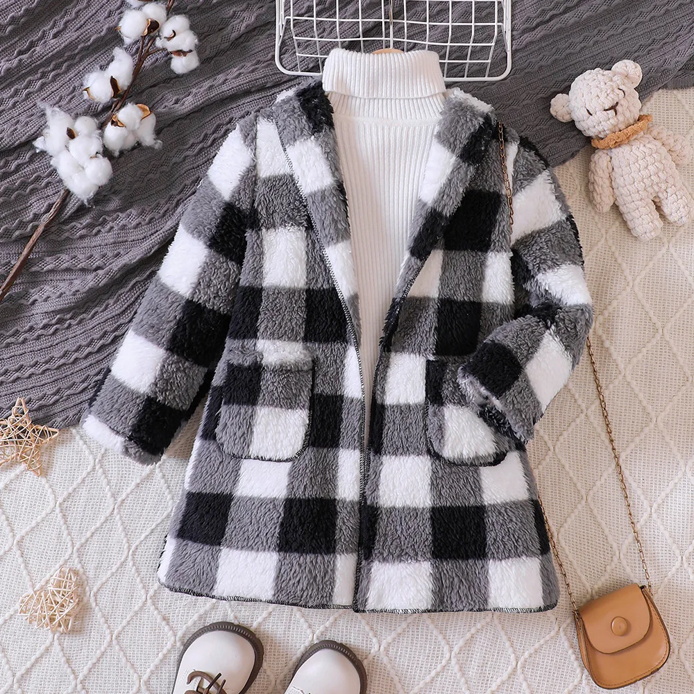 Kids Casual Coat for Girls Clothes Autumn Winter 2024 New Child Long Sleeve Plaid Fur Thicken Long Outwear Knitwear not Include