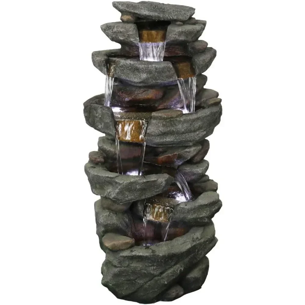 40.5” High Rocks Outdoor Water Fountain - 6-Tiers Cascading Waterfall with LED Lights, Soothing Tranquility for Home Garden