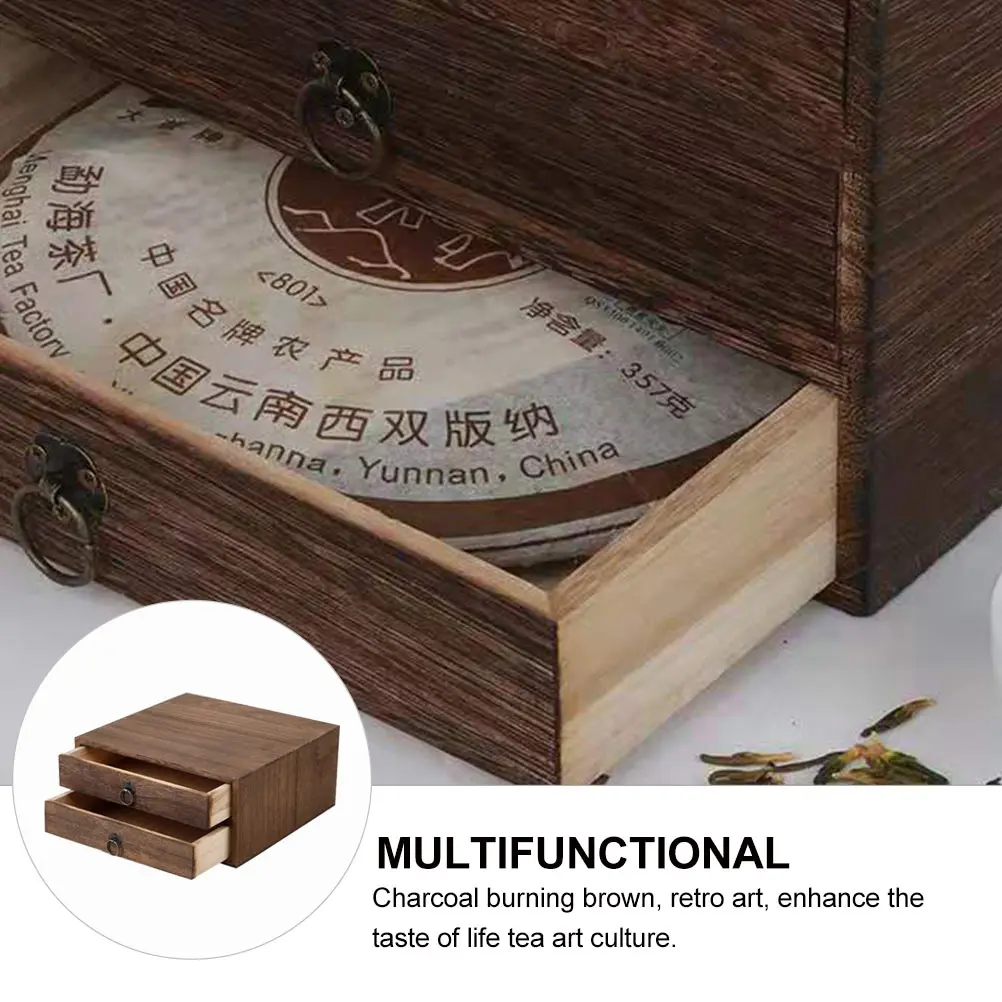 

Multi Layer Tea Cake Box 2 Tier Wooden Storage Vintage Drawers Brown Eco Friendly Solid Wood Waterproof Retro Pu'er Tea