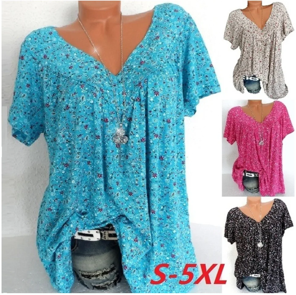 T shirt women 2026 fashion 2023 Summer New V-neck patchwork print short-sleeved loose T-shirt tshirt women's clothing