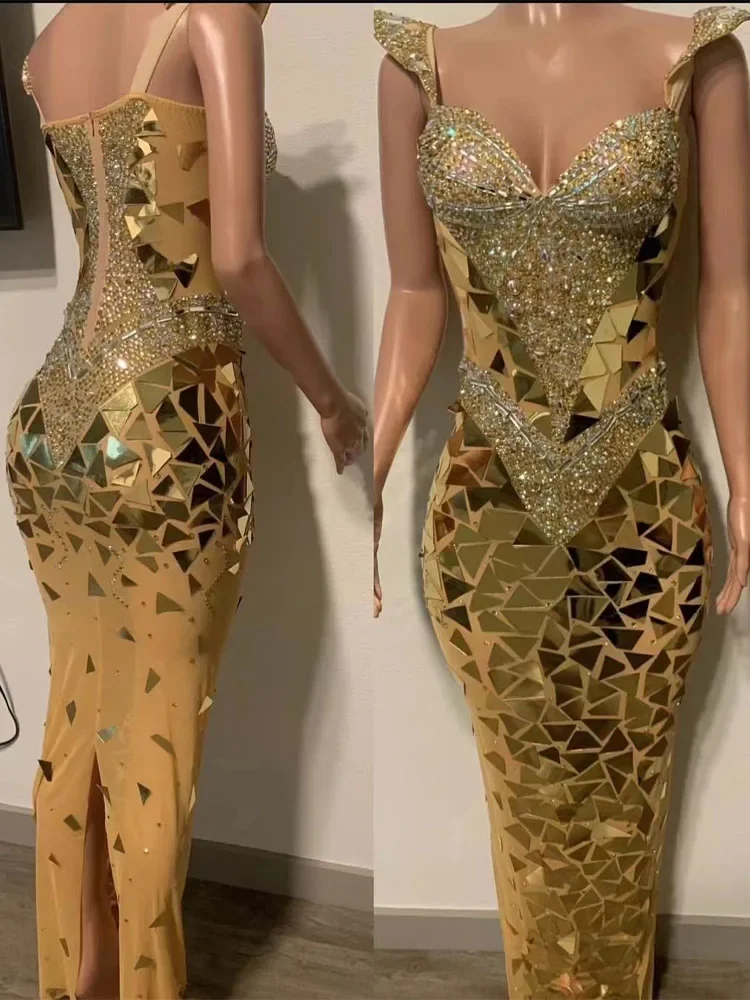 فستان نسائي طويل شبكي لامع ، فضي ، ذهبي ، أحجار الراين ، ترتر ، شبكة ، زي ، ملهى ليلي ، أنثى ، مغنية ، مثير ، احتفال عيد ميلاد