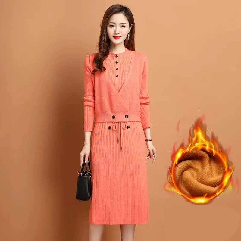 Thicken Velvet Lined Long Sleeve Knitwear Sweater Dresses Fake 2 Piece Knitted Dress Warm Winter Mid-length Elegant Vestidos