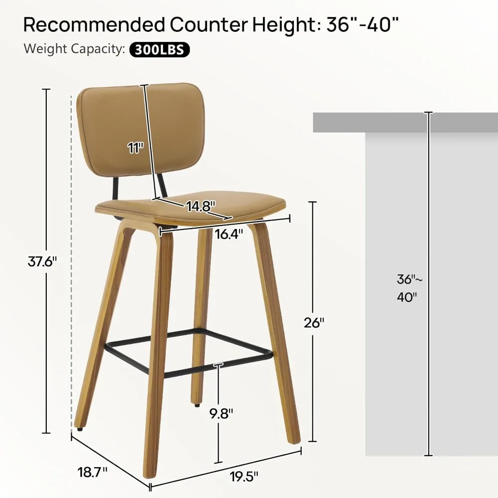 Height Bar Stools Set of 3, PU Leather Upholstered Barstools with Backs, Bent Wood Legs, 26 Inch Seat Height, Mid Century Modern