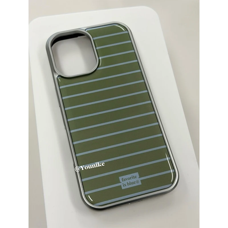 Ins Korean Green & Blue Stripes Electroplated Drip Glue Phone Case For iPhone 17 Air 16 Pro Max 15 14 Plus 13 12 11 Back Cover