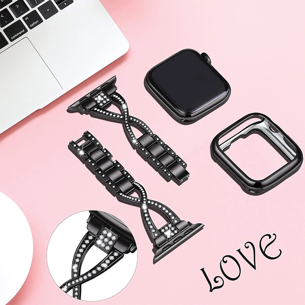 Metal Diamond Strap+Case for Apple Watch 8 7 45mm 41mm Stainless Steel Bracelet Wristband for iWatch 6543SE 44mm 42mm 40mm Cover