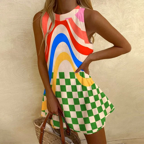 Vestido sin mangas con estampado de cuadros verdes para mujer, vestidos elegantes de diseñador, Traf informal, ropa elegante para niñas, nuevo