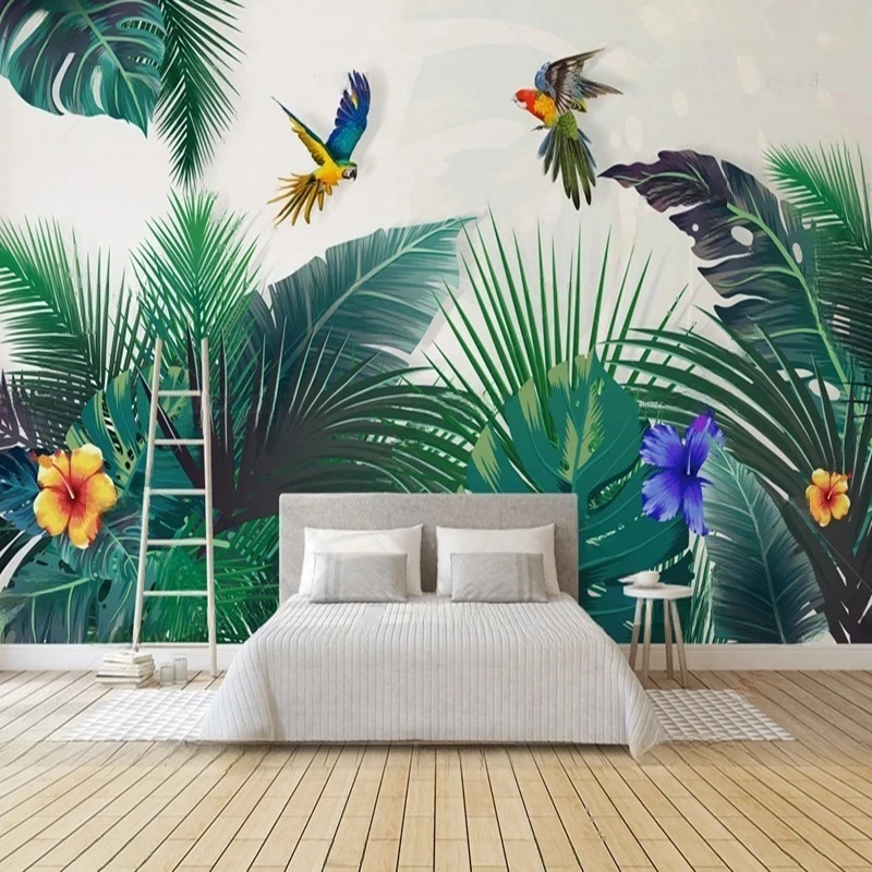 MU8749 Hand-painted tropical forest wall wallpaper with a colorful parrot background