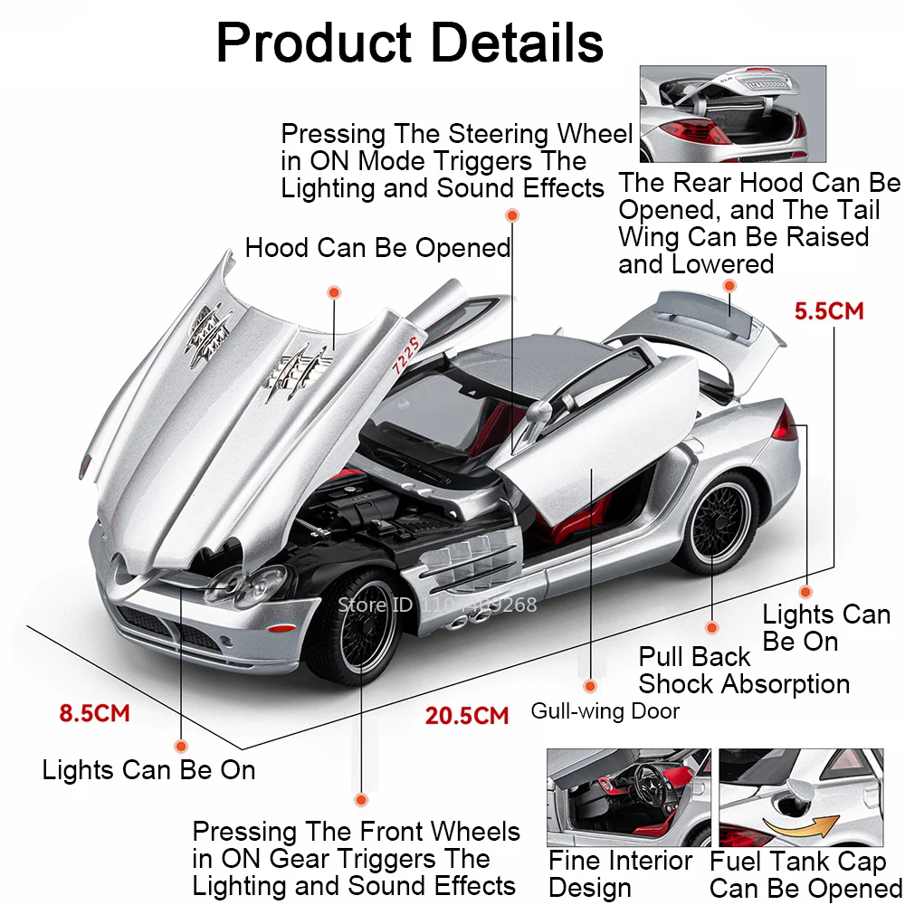 1:24 SLR 722S ONE Car Model Toy Wheel Steering Music Light Pull Back Adjustable Tail Fin Models Alloy Diecast Toys for Boys
