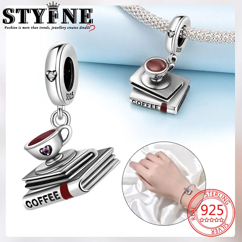 Travel Hobbies 2025 Beads 925 Sterling Silver Brown Love Coffee Cup Double Book Charms for Women's Jewelry DIY Pulseras Gift