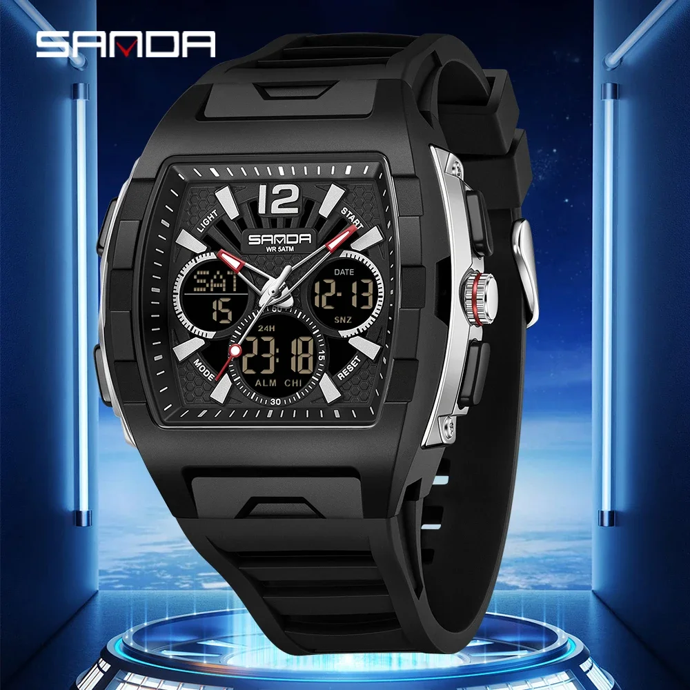 

Sanda 3396 Fashion Men's Dual Display Digital Strap, Luminous Waterproof Large Dial Chronograph Watch, Calendar Men's Watch