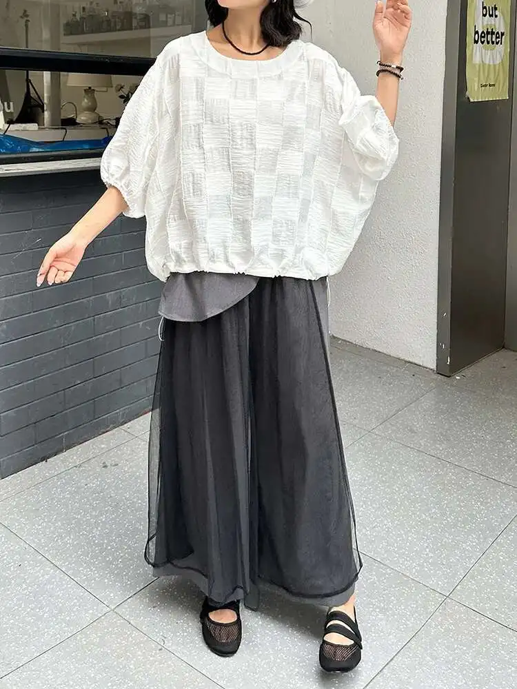 

Women White Plaid Drawstring Big Size Casual T-shirt New Round Neck Batwing Sleeve Fashion Tide Spring Autumn