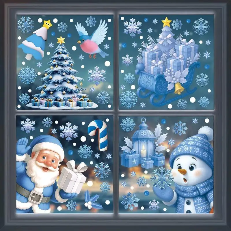 【HG】Christmas Window Stickers Static Electricity Stickers Snowman Santa Claus Snowflake Pattern Cartoon Home Holiday Party Deco