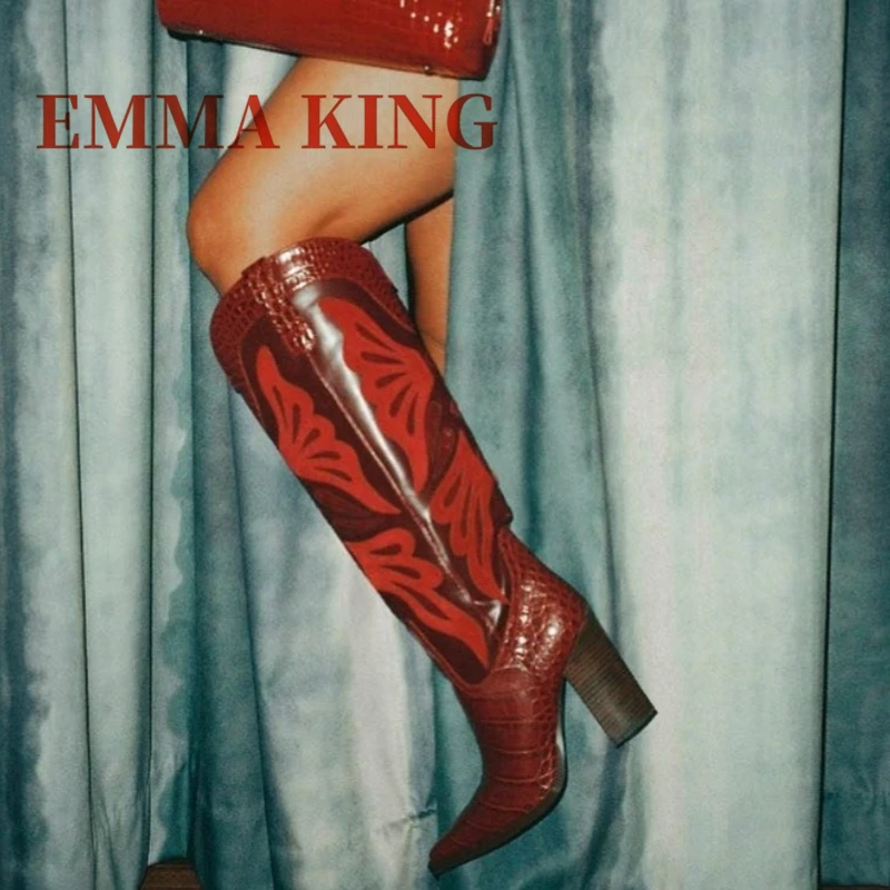 النبيذ الأحمر التمساح حذاء برقبة للركبة النساء موضة أشار تو حذاء بكعب سميك أحذية السيدات أنيق فستان الحفلات المرقعة الأحذية