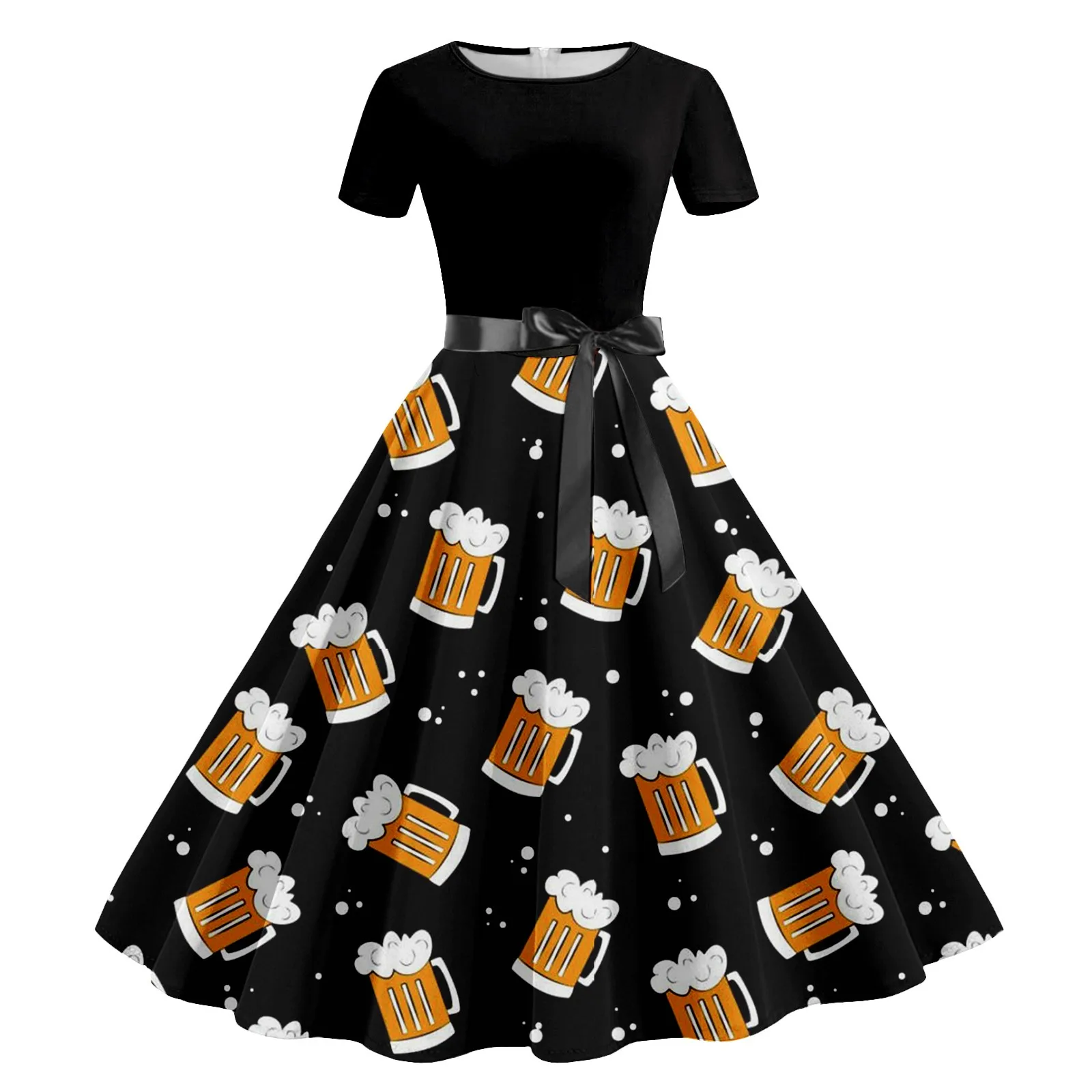 

Beer Festival Women's Cocktail Dresses Print Short Sleeve O-Neck Belt Knee Length A-Line Swing Party Dress Oktoberfest Elegance