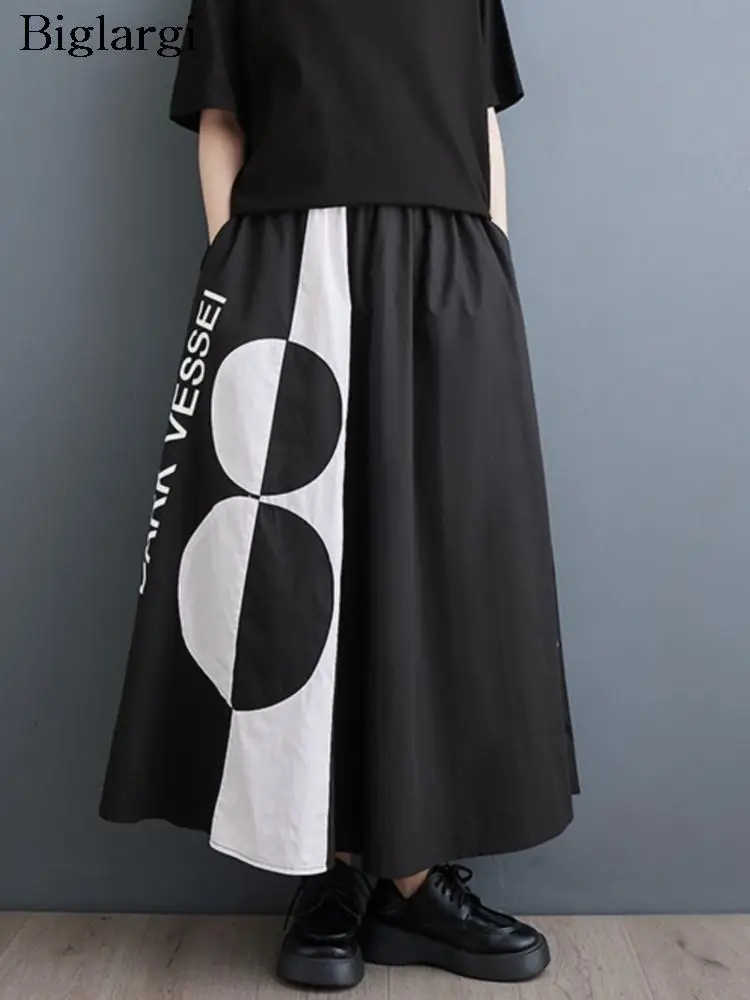 

Oversized Print Patchwork Long Spring Skirt Women Ruffle Pleated Loose Modis Casual Ladies Skirts Elastic High Waist Woman Skirt