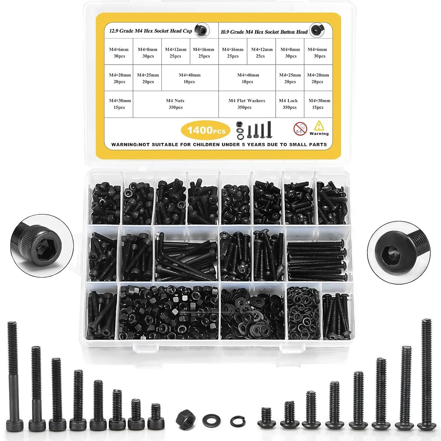1400Pcs M4 Nut Washer Set M4x6mm-40mm Hex Socket Button and Cap Head Machine Bolt