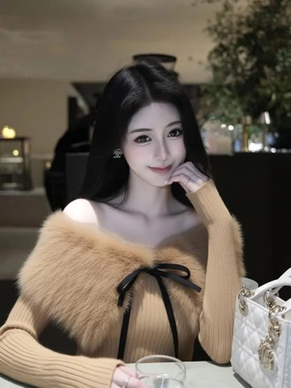 

Изысканный корейский свитер с меховым воротником для женщин: красивый, молодежный, высококачественный, с эффектом омоложения