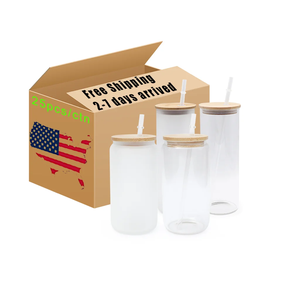 free shipping 16oz 12oz clear blank beer can soda shaped libby drinking glass can cups frosted sublimation glass with bamboo lid