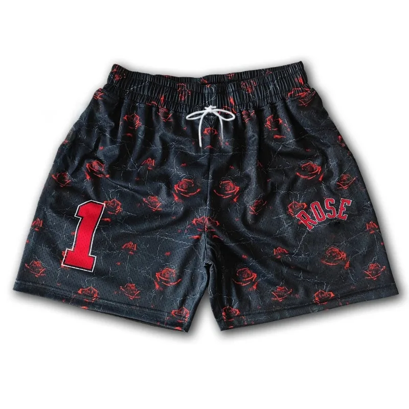 

No.1 Black and Red Rose Steel Wire Gothic Style Digital Printed American Basketball Shorts