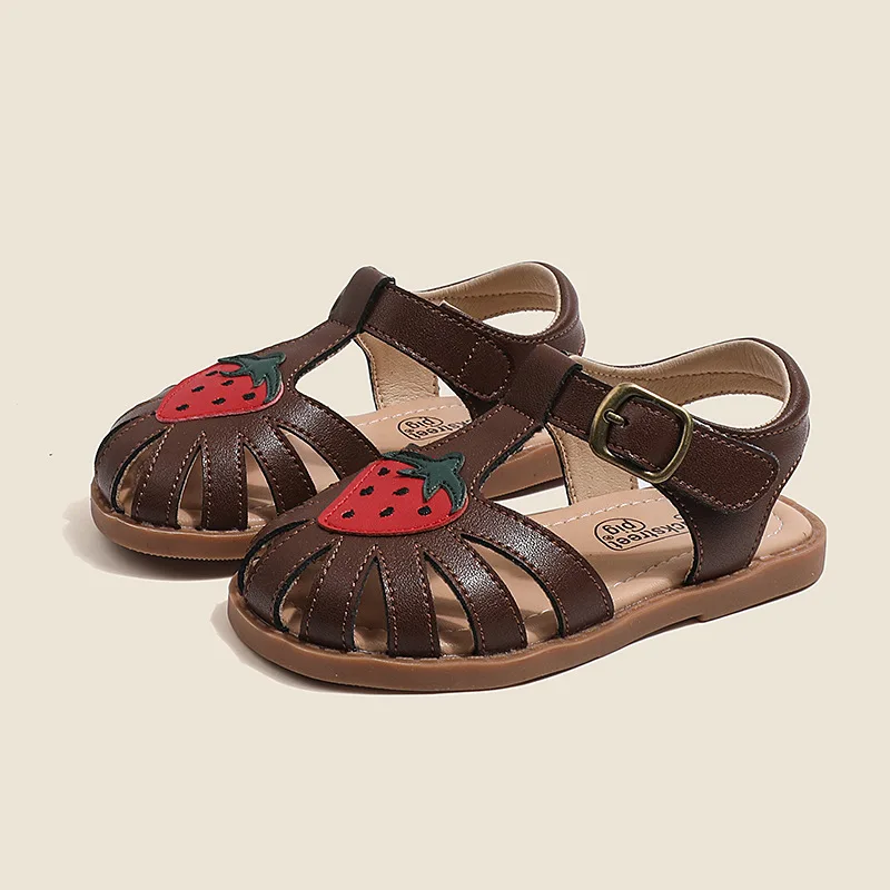 Kindersandalen Meisjes Leuke Aardbei Echt leer Strandsandalen Zachte zool Antislip Babyschoenen Maat 22-31