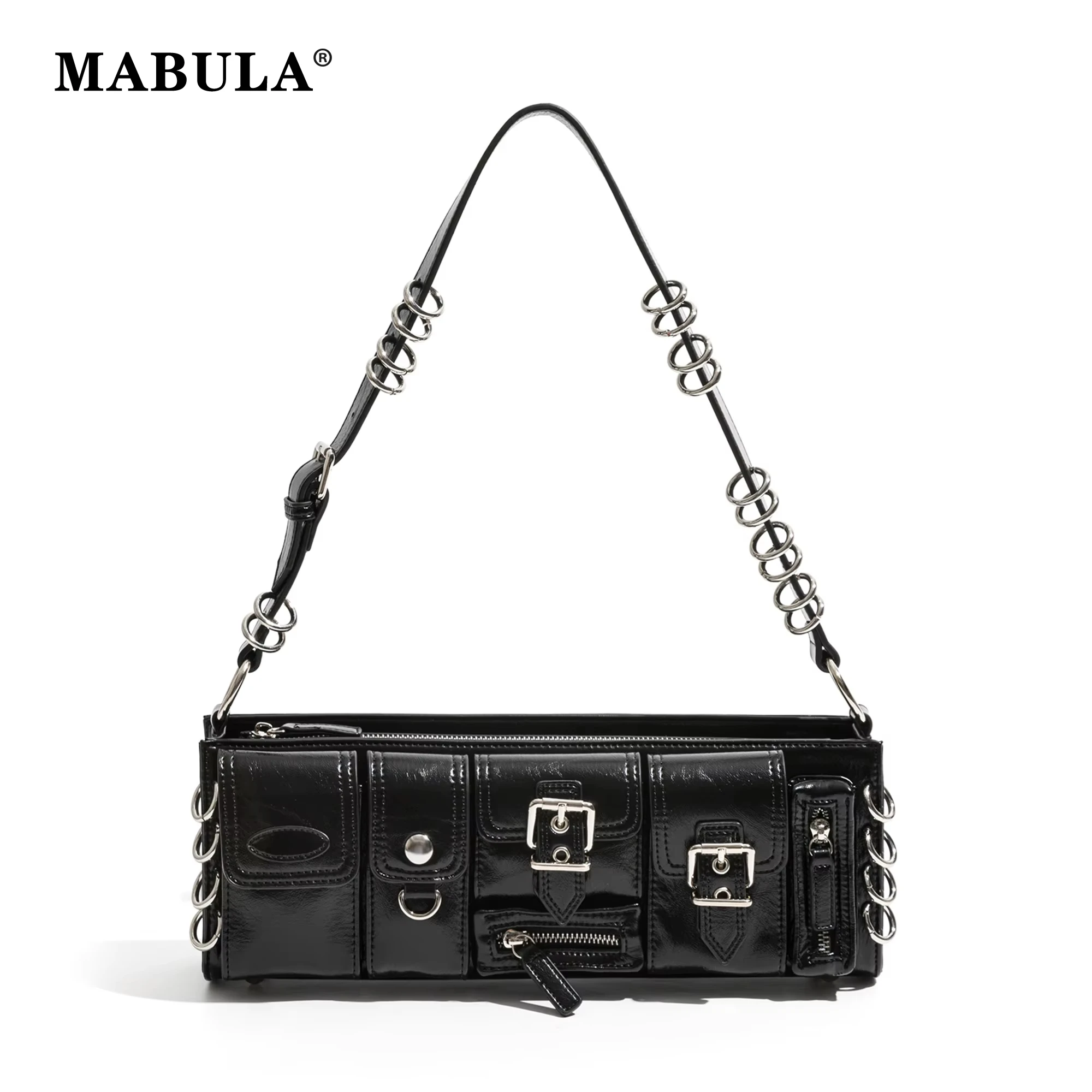 MABULA Fashion y2k Multi Pockets Woman's Handbag Phone Purse Locomotive Rivet Metal Circle Female Underarm Shoulder Purse Black