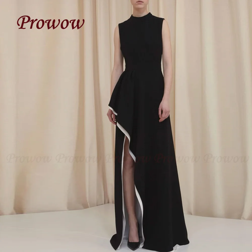 

Prowow Elegant Black White Evening Dress O Neck Asymmetrical Floor Length Prom Party Gown Sleeveless Zipper Back Customized