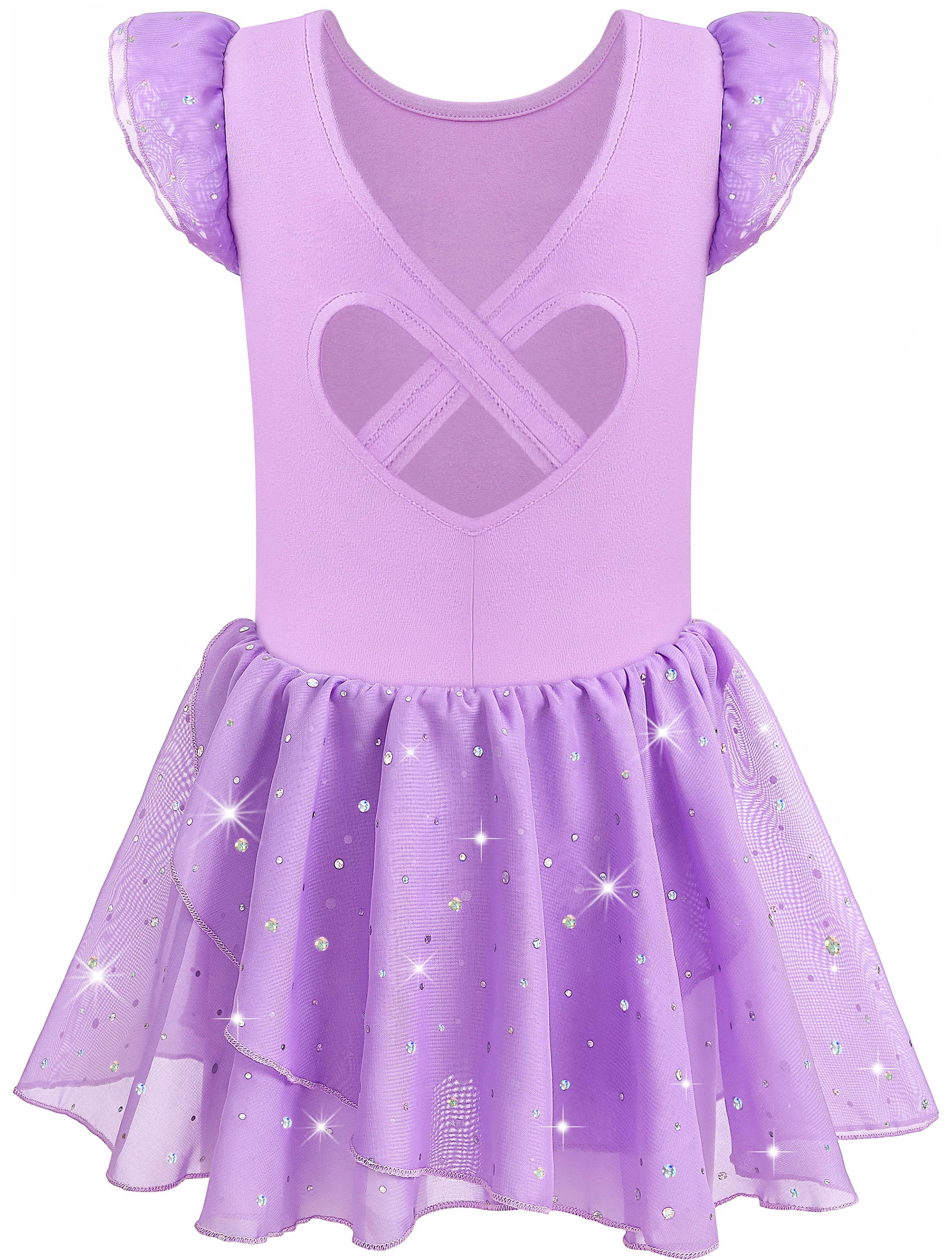 Girls Ballet Leotards for Dance Hollow Crisscross Back Short Sleeve, Shiny Skirt