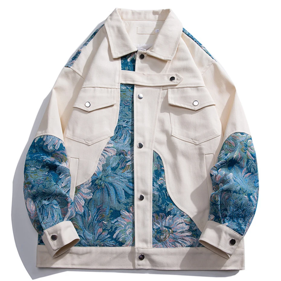 Flower Embroidered Jacket Men Fashion Casual Patchwork Jackets Cargo Coats Male Embroidery Coat