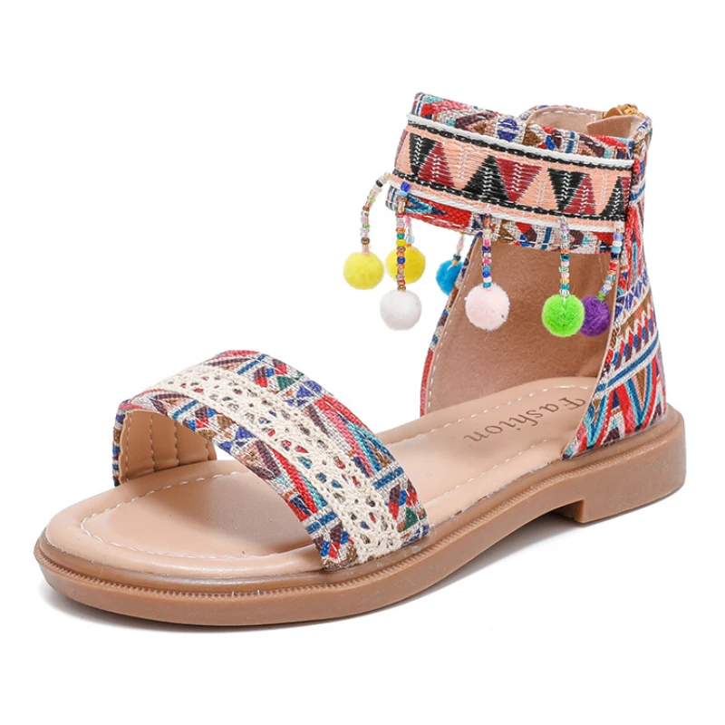 Girls' Sandals Soft Sole Anti Slip Children's Roman Shoes Summer 2024 New Ethnic Style Leisure Student Beach Shoes