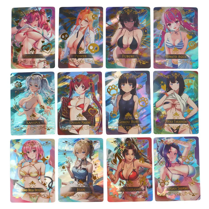 55Pcs Goddess Story Card Holographic Golden Letter All Shiny Anime Sexy Swimwear Girl Collection Card Ayaka Nezuko Magician Girl