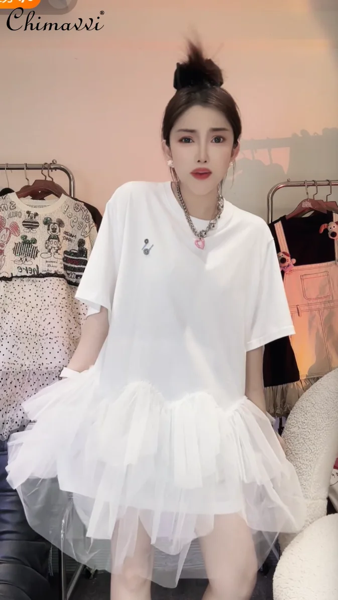 2025年新作 夏 メッシュステッチ 半袖 シンプル Tシャツワンピース 学生 レディース カジュアル ホワイト＆グレー ショート丈Tシャツワンピース