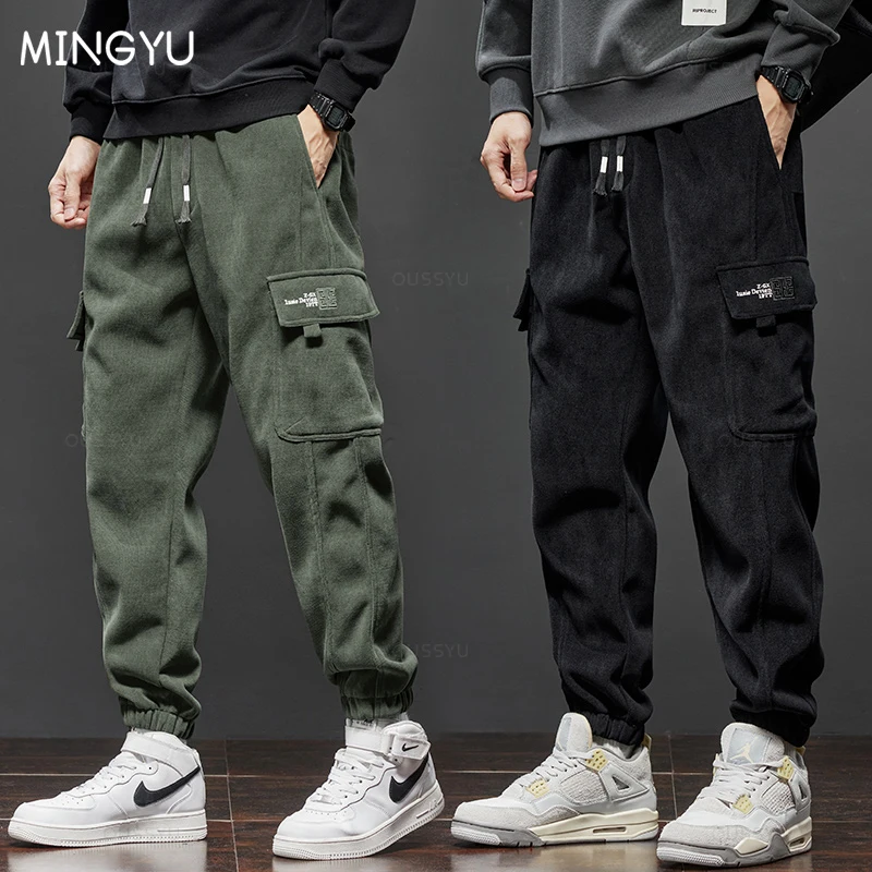 Autumn Winter Cargo Corduroy Pants Men Jogging Sweatpants Casual Pants Baggy Thick Streetwear Harem Work Trousers Male M-4xl