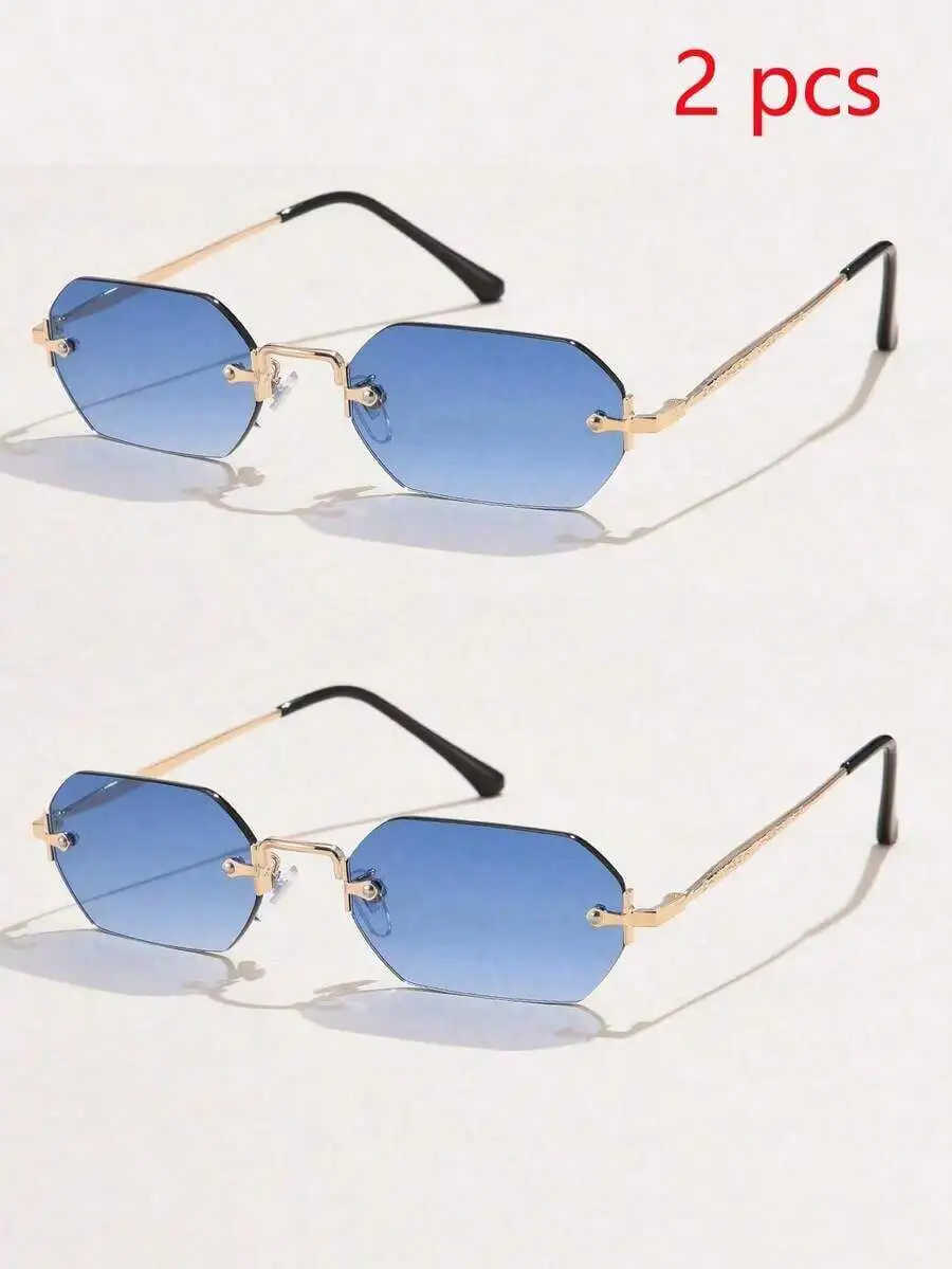 Mens Small Polygon Rimless Fashion Sunglasses Blue Gradient Lens Gold Tone Metal Frame view 4