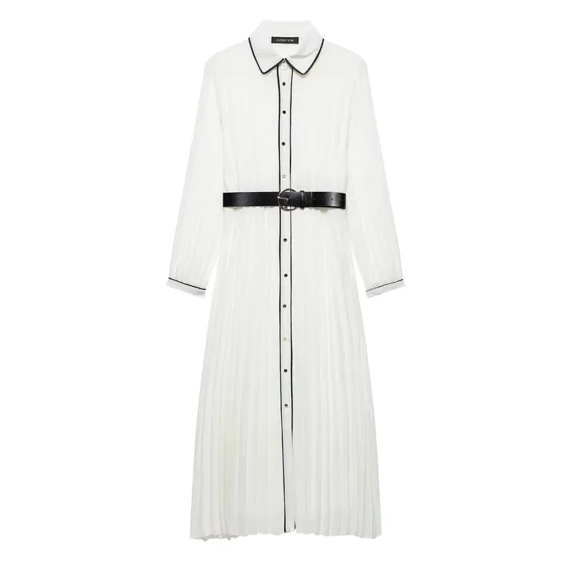 

Elegant Ladies Mid-Length Pleated Shirt Dress with Belt Spring Autumn Fashion for Commuting Parties Dates Formal Occasions