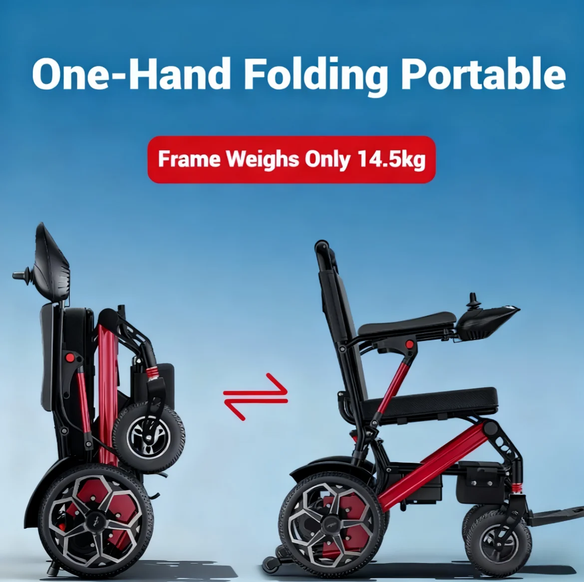 Ultra Light Aluminium Alloy Red 12A Lithium Battery Portable Easy Carry Lightweight Folding Power Electric Wheelchair Elderly