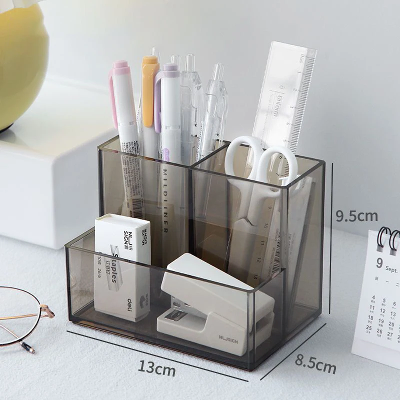 Ins Style Transparent Acrylic Square Three Grid Pen Holder Storage Rack Large Capacity Desk Pencil Rack School Office Stationery