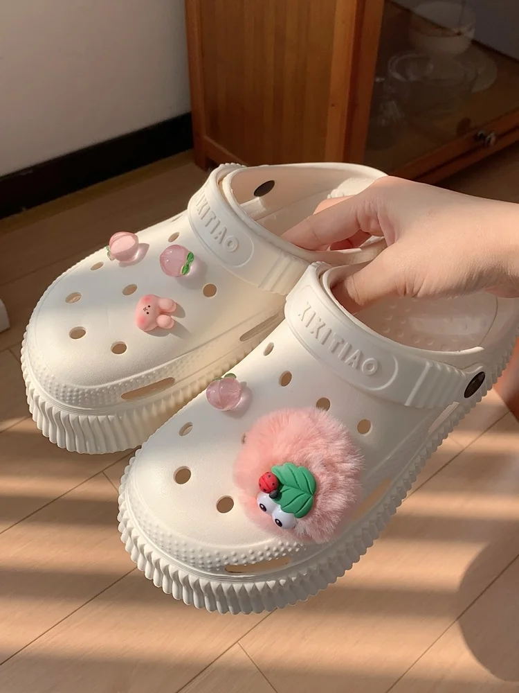 Cute Plush Toy Hole Shoes Garden Shoes Women's Fashion Outwear Tall Thick Sole Slippers Summer Hollow Out Sandals