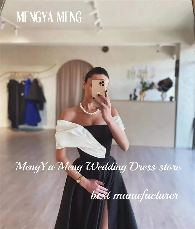 우아한 흑백 이브닝 가운 A라인 새틴 사이드 하이 슬릿 포멀 프롬 드레스 사우디 플로어 길이 맞춤형 갈라 드레스