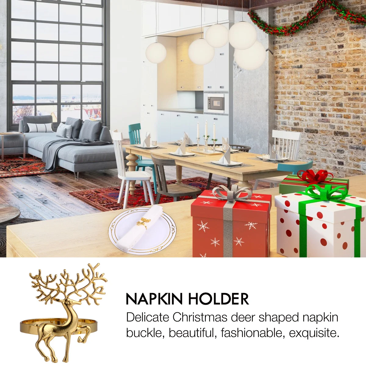 

6Pcs Christmas Napkin Rings Deer Shaped Alloy Tableware Decoration for Holiday Dinner Party Kitchen Bar Events