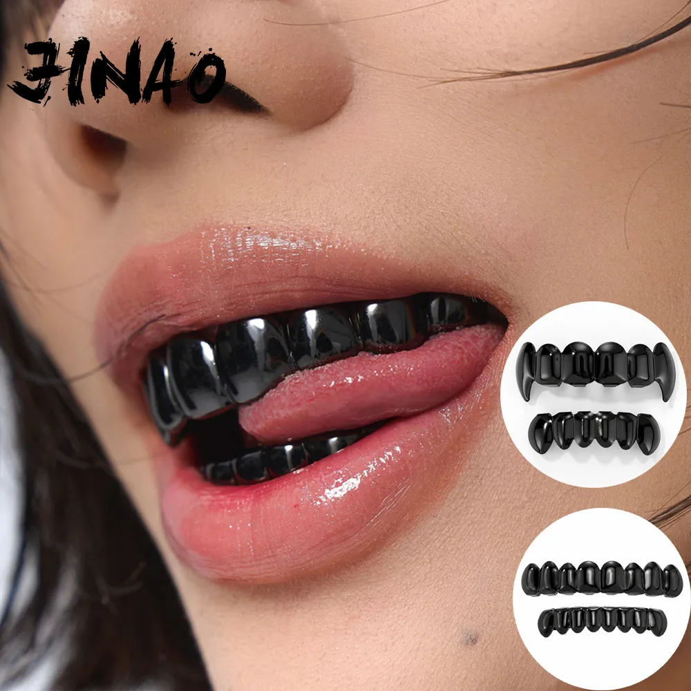 JINAO Hip Hop 6-8 Teeth Smooth Surface Light Black Color Grillz Set Men Women Top & Bottom Shiny Grill Punk Rapper Christmas