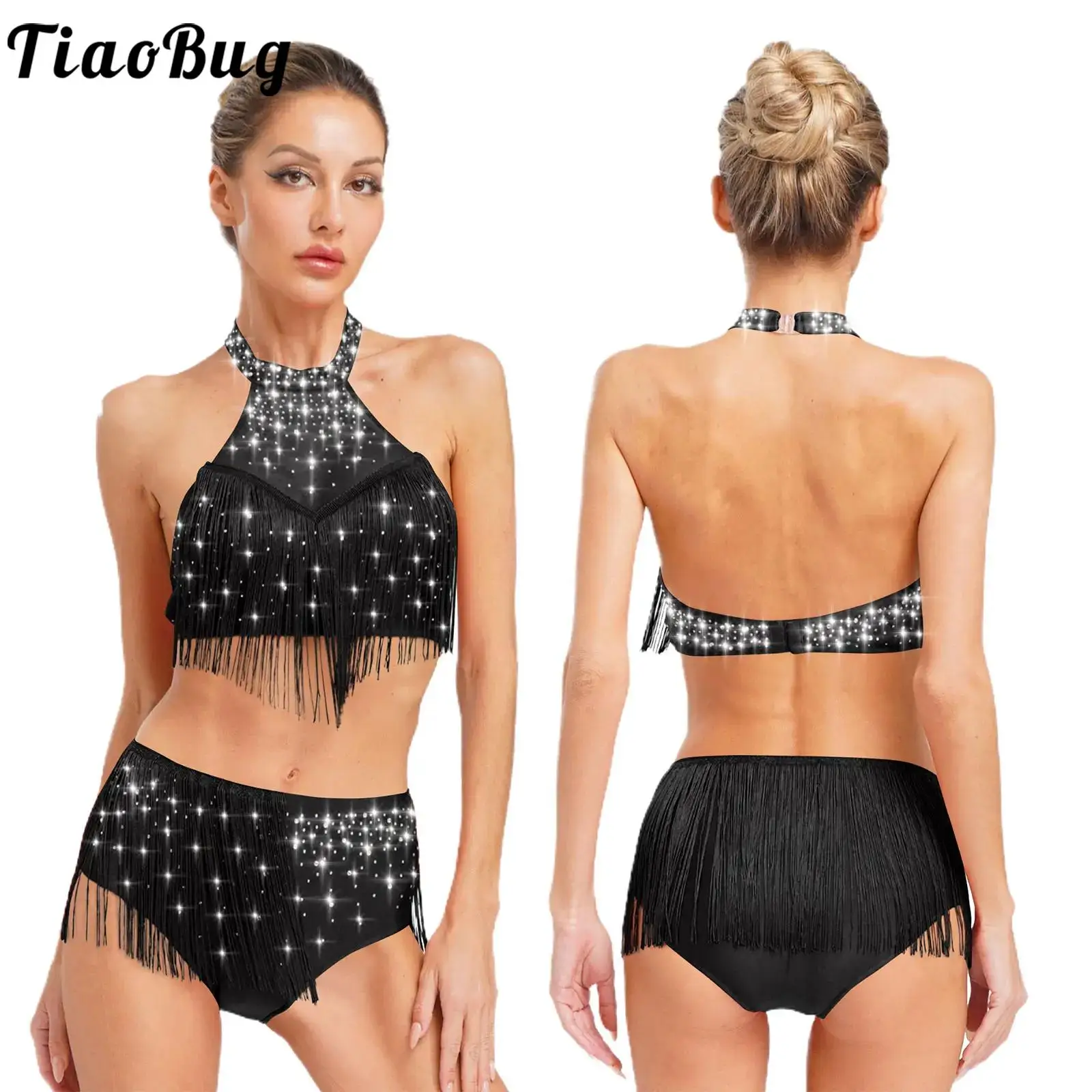 

Women Rhinestones Salsa Samba Dance Competition Outfits Latin Rumba Dancewear Halter Sheer Mesh Crop Tops and Tassel Shorts Suit