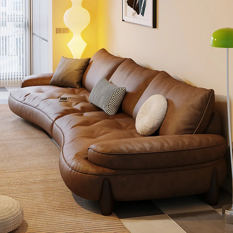 

Leather sofa special-shaped living room straight row modern brown retro Italian minimalist designer small apartment