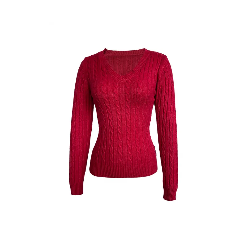 เสื้อสเวตเตอร์ไหมพรมคอวีทรงเข้ารูป แขนยาว สีแดง รุ่นใหม่สำหรับผู้หญิง ฤดูใบไม้ร่วงและฤดูหนาว YQ1