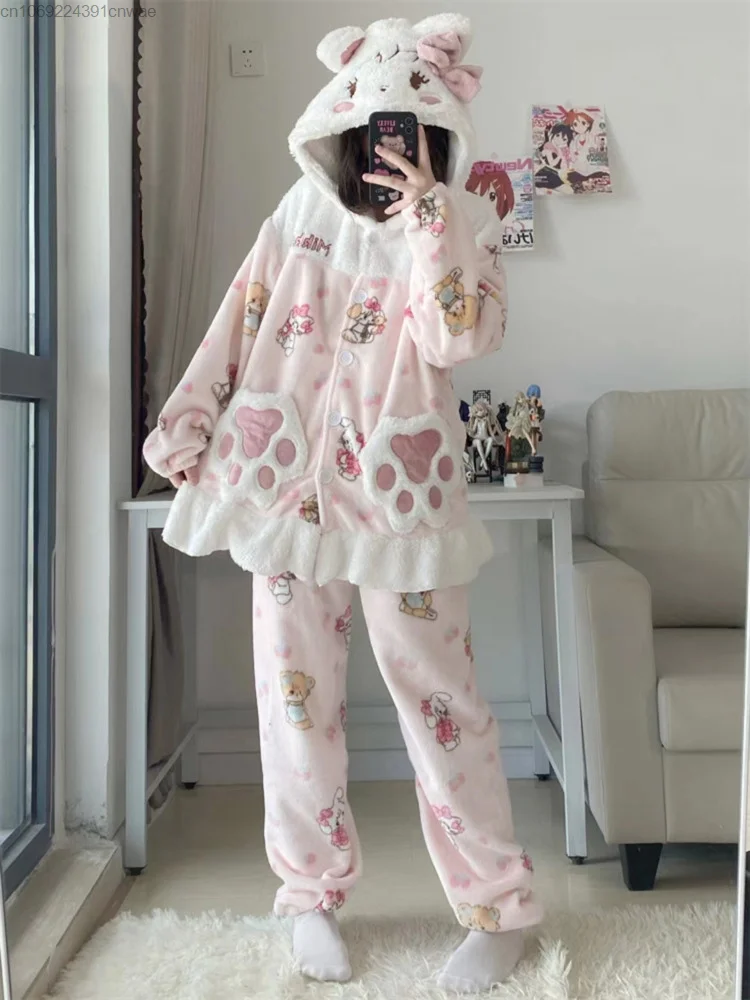 

Kawaii Mikko Coral Plush Sleepwear Set Female Cartoon Cute Warm Pijama Pjs Thickened Home Fur Sleeping Wear Two Piece Set Girls