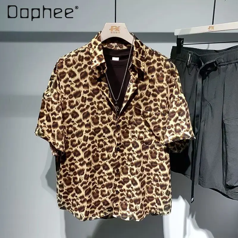 

Men's Vintage Leopard Print Short Sleeve Shirt Casual Loose Button-Down for Summer Streetwear and Daily Outfits