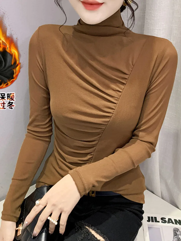 Thickened 2025 Winter Clothing New Half High Collar Long Sleeve Wrinkled T-Shirt For Women, Fashionable Slimming Bottom Shirt,