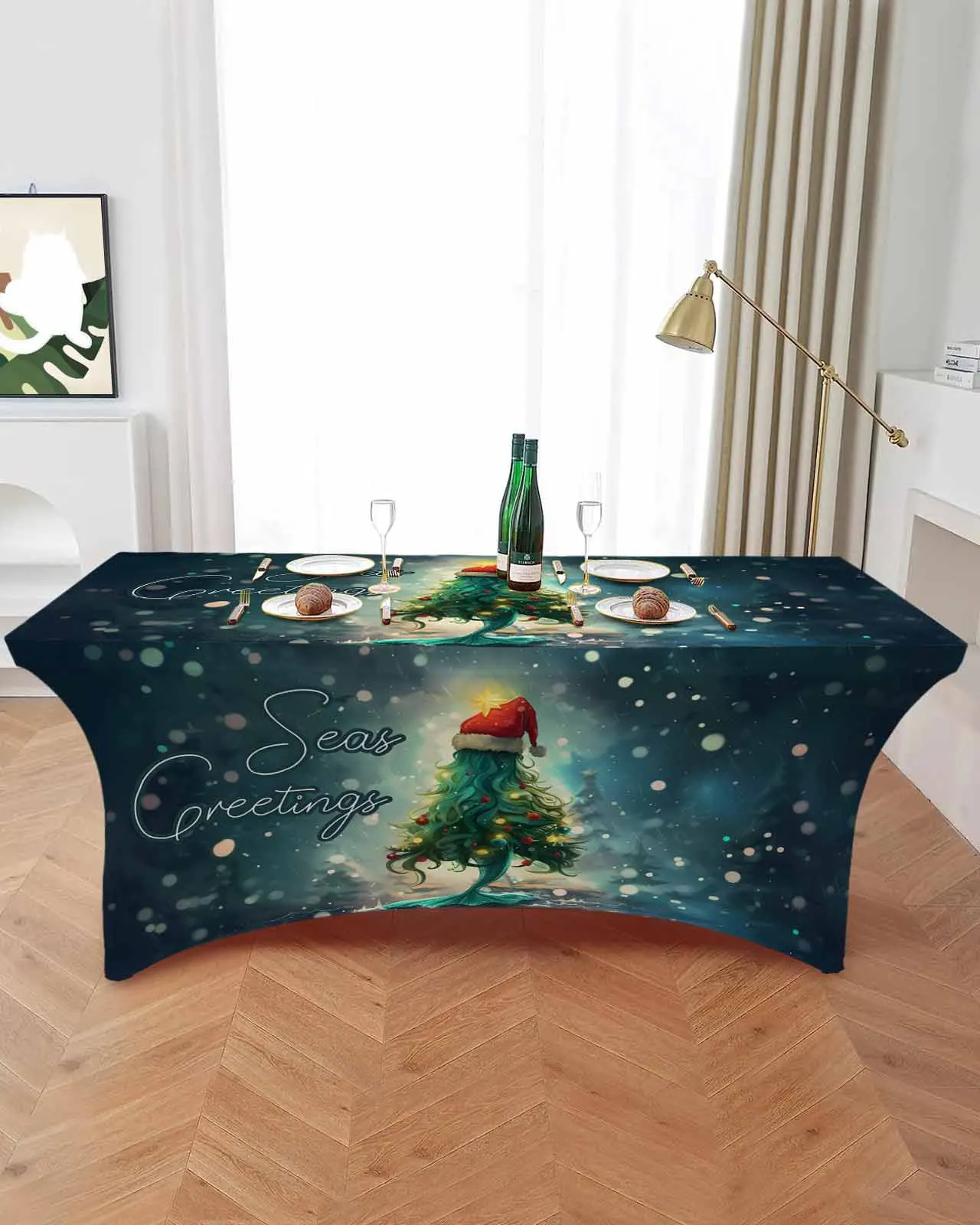 Christmas Mermaid Christmas Tree High Stretch Tablecloth Wedding Party Decor Elastic Print Table Cover Outdoor Table Cloth