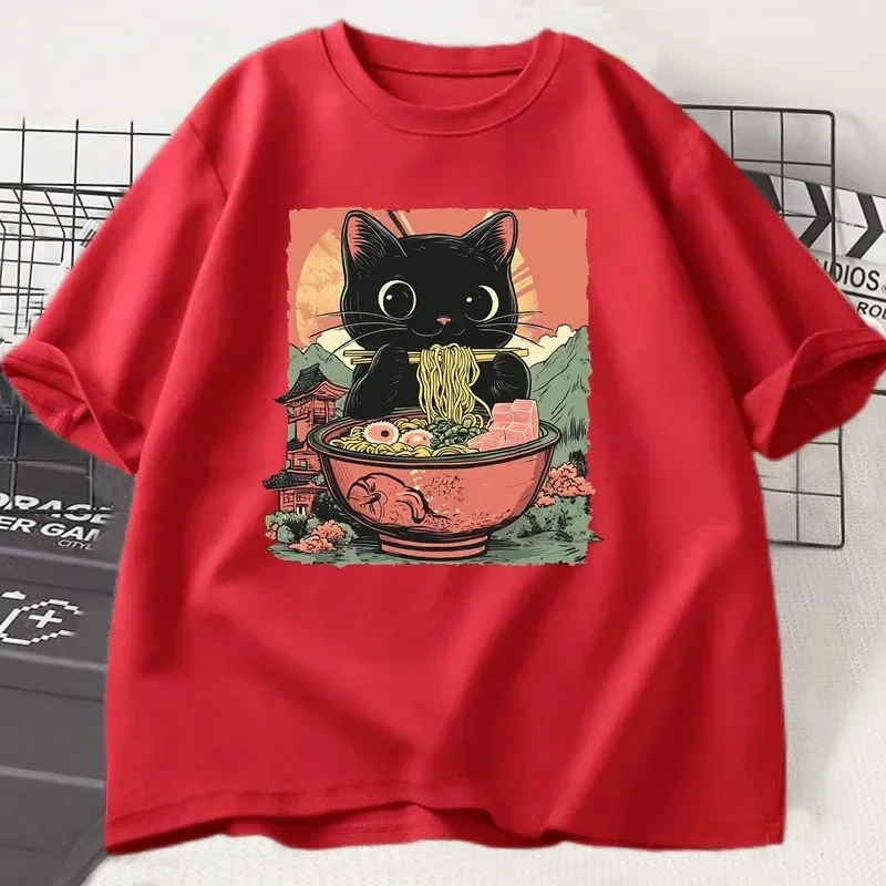 Cute Black Cat Eating Ramen Print T-shirt Women's Harajuku Short Sleeve Casual Women's T-shirt Clothing Tops Clothes