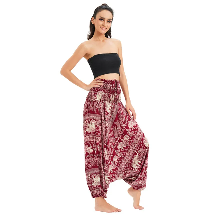 n Large Crotch Yoga Pants Elephant Print Diagonal Stripe Casual Harem Pants High Waist Long Trousers Women's Faion
