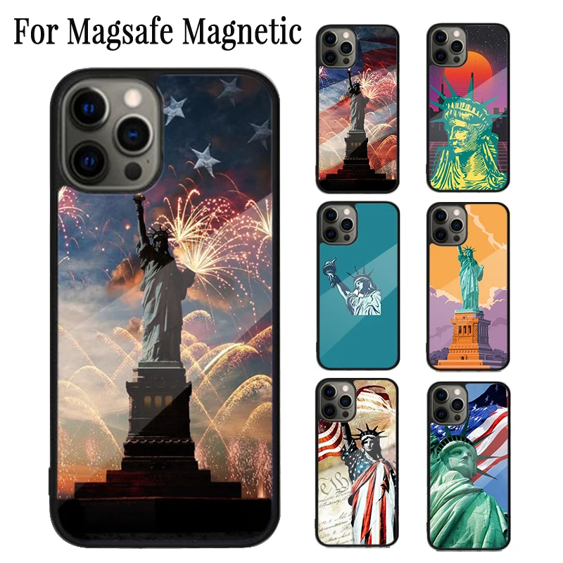 America Flag Statue of Liberty Magnetic Phone Case Coque For iPhone 16 15 14 Plus 13 12 11 Pro Max Magsafe Wireless Cover